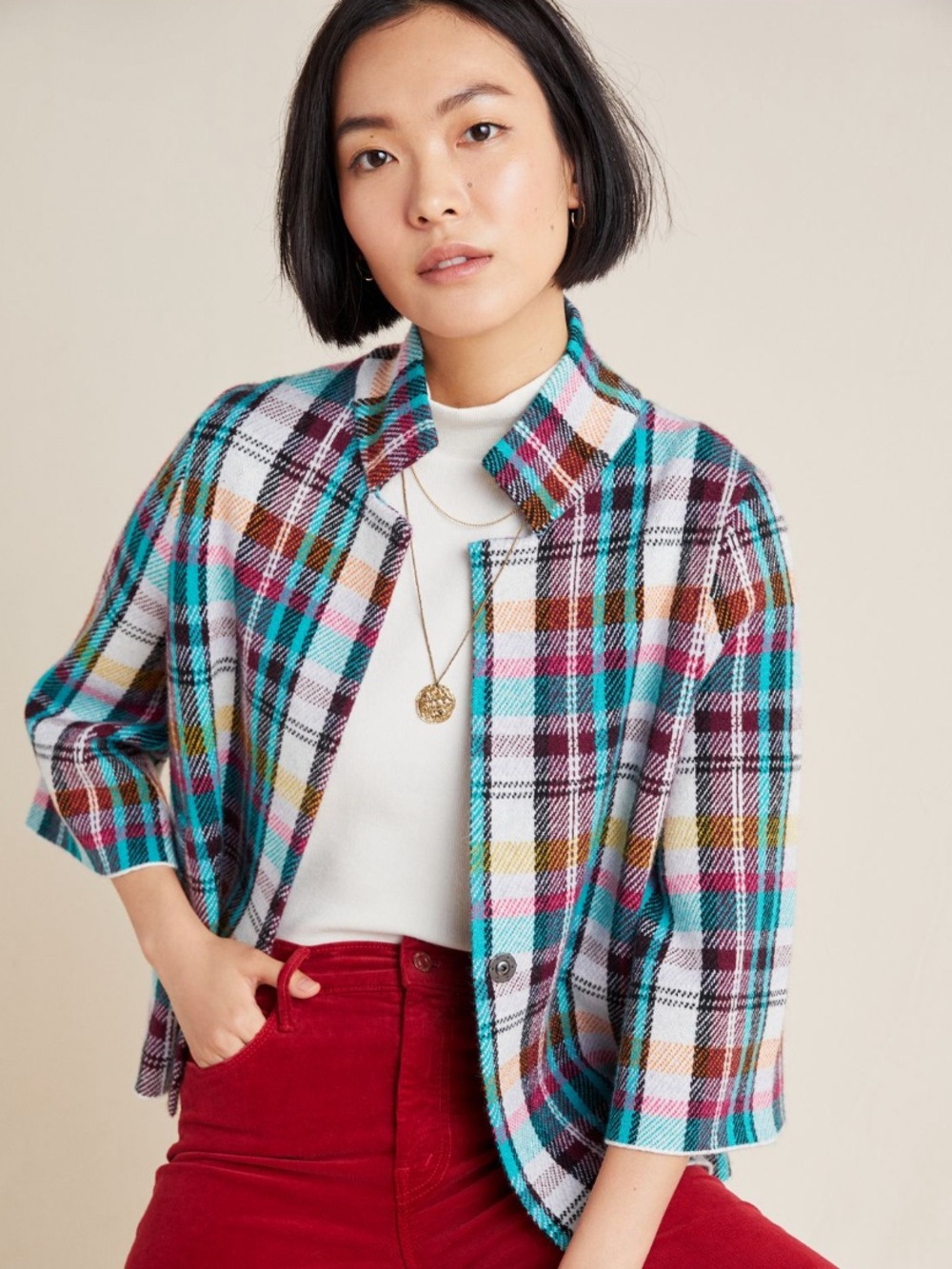BY ANTHROPOLOGIE Women Size S Harvest Plaid Rosetta Cropped Knit Jacket Cardigan